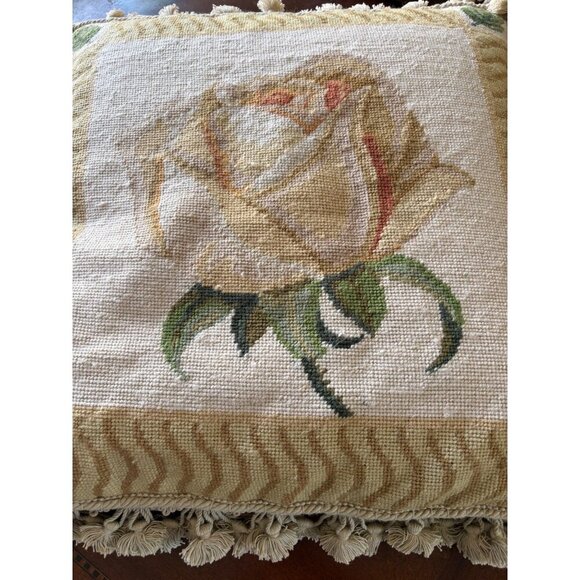Decorative Needle point Feather Accent Pillow With Yellow Rose Design & Tassel T - Picture 2 of 10